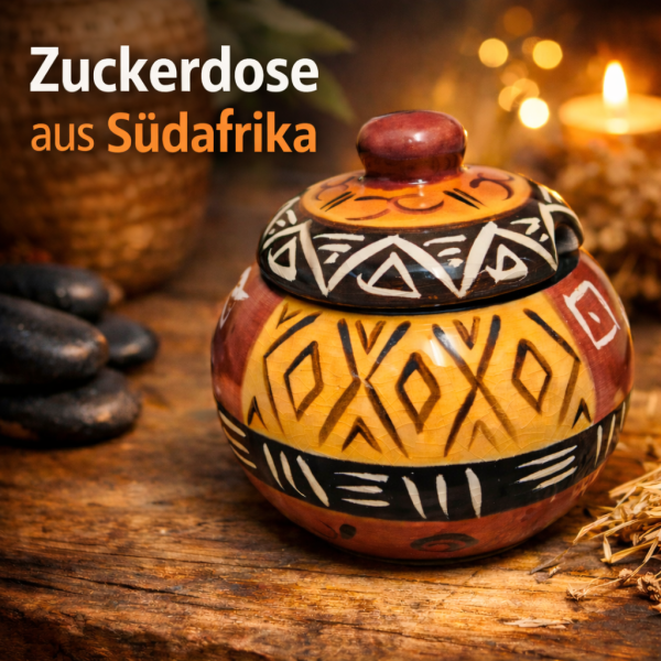 Handgefertigte Zuckerdose aus südafrikanischer Keramik.